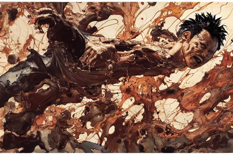 Prompt: full page illustration page of tetsuo melting down at the Vincent van go museum, by Katsuhiro Otomo, Phil hale, Ashley wood, Ilya repin, frank frazetta, 8k, hd, high resolution print