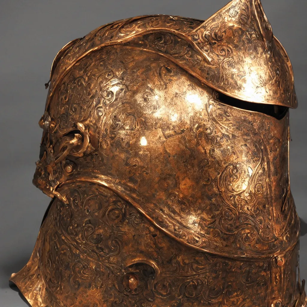 Image similar to a real knight's helmet that is made of copper and gold, beautiful sculpted details