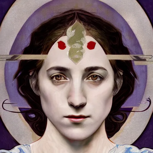 Image similar to portrait of charlotte gainsbourg as joan of arc, hyperreal digital painting, iconography influenced by alphonse mucha and eugene delacroix, arstation and deviantart trends, high resolution 8 k