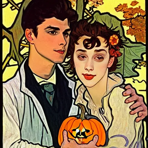 Image similar to painting of handsome young delicate beautiful jeffrey in his 2 0 s with brown hair and gorgeous rina together at the giant jack o'lantern halloween party holding pumpkins, elegant, clear, painting, stylized, art, art by alphonse mucha, vincent van gogh, egon schiele,