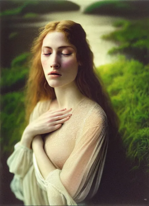 Image similar to Kodak Portra 400, 8K, soft light, volumetric lighting, highly detailed, britt marling style 3/4, extreme Close-up portrait photography of a beautiful woman how pre-Raphaelites a woman with her eyes closed is surrounded by water, an album cover by Frieke Janssens, a beautiful lace dress and hair are intricate with highly detailed realistic beautiful flowers , Realistic, Refined, Highly Detailed, natural outdoor soft pastel lighting colors scheme, outdoor fine art photography, Hyper realistic, photo realistic