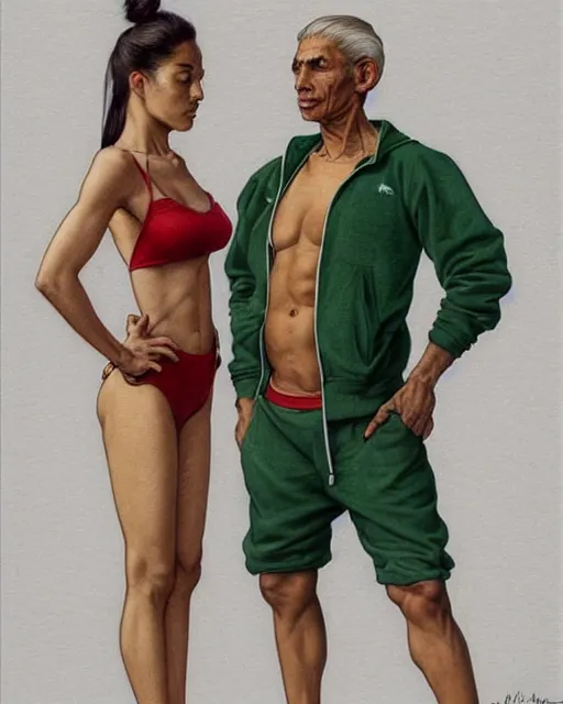 Prompt: Portrait of mixed race skinny man in a tracksuit & a blonde woman wearing a green & red bikini exchanging roosters in London,real life skin, intricate, elegant, highly detailed, artstation, concept art, smooth, sharp focus, art by artgerm and greg rutkowski and alphonse mucha