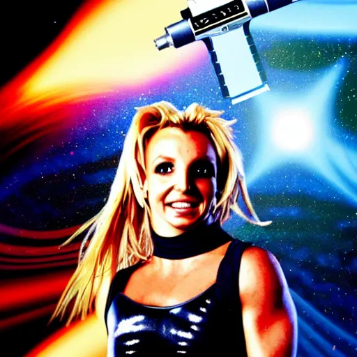 Image similar to of a poster photo of britney spears as a hero sci fi space cosmonaut holding a vintage raygun in a nice action pose, there is an explosion on the background shaking britney's hair, she is smiling, opps i did it again, f 2. 8, advertising lighting, new blockbuster,