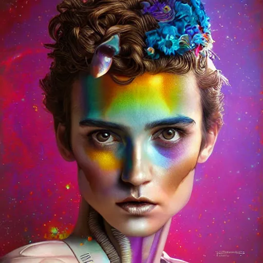 Prompt: Lofi biopunk portrait beautiful woman with short brown curly hair, roman face, unicorn, rainbow, floral, Pixar style, Tristan Eaton, Stanley Artgerm, Tom Bagshaw