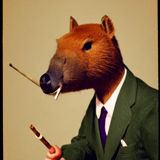 Image similar to a high detail photo of an antropomorphic capybara wearing a suit smoking a cigarrette, subject= duck, subject detail: wearing a suit, subject action: smoking a cigarrette photorealism