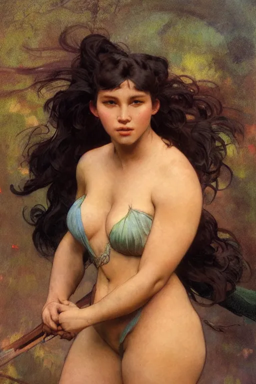 Image similar to portrait of a beautiful chonky young female warrior in the middle of a fight as drawn by by frank frazetta, loish, alphonse mucha, frank frazetta, thomas moran, mandy jurgens, fashion photography 8 k subsurface scattering, soft light