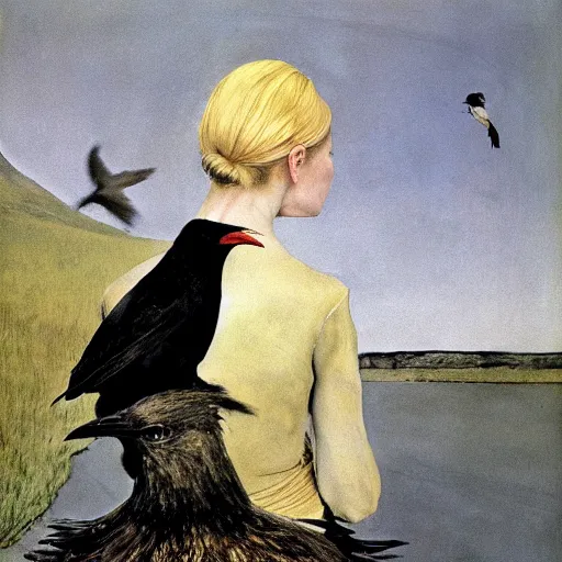 Prompt: Andrew Wyeth portrait of a blonde woman with a crow perched on her shoulder