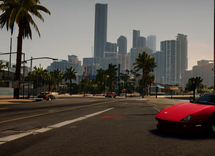 Prompt: still next - gen ps 5 game grand theft auto 6 2 0 2 4 remaster, graphics mods, rain, red sunset, people, rtx reflections, gta vi, miami, palms and miami buildings, photorealistic screenshot, unreal engine, 4 k, 5 0 mm bokeh, close - up generic sports car, gta vice city remastered, artstation