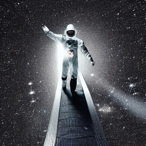 Prompt: mysterious man in silver space suit, walking on a small steel catwalk, floating in the darkness of space, with a black background, photograph, wide angle, long shot