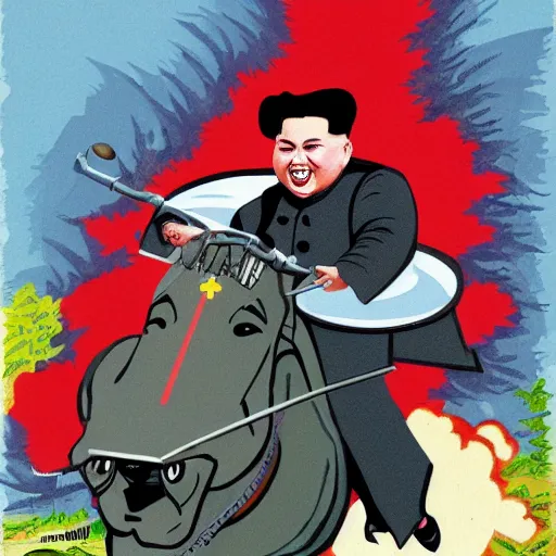 Image similar to caricature of kim jong un riding a missile, colorful