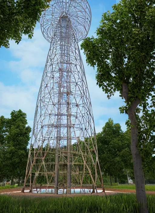 Image similar to highly detailed realistic architecture 3 d render of a stele shukhov tower with rouble inside standing in a city park, archdaily, made in unreal engine 4 octane render