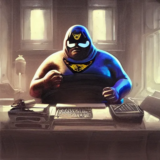 Image similar to a insanely detailed painting of a fat masked superhero wearing a costume sitting at a desk, staring at the nervously at the computer typing, in the style of peter mohrbacher, dramatic lighting and composition, trending on artstation, concept art, comic book