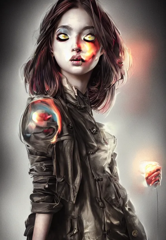 Image similar to full body illustration of girl with eyes that burn like cigarettes wearing a short skirt and a long jacket with fingernails that shine like justice, dramatic lighting, photorealistic, full body portrait, detailed anatomy, extreme detail, 4 k, colorful, artgerm and ben lo, octane render, detailed face, f / 2. 8