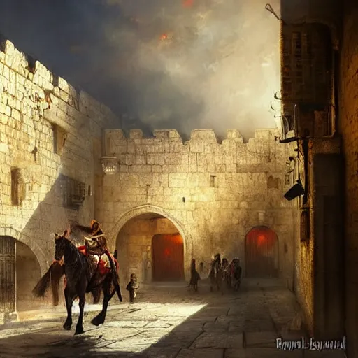 Prompt: the old city of jerusalem by raymond swanland, highly detailed, bright tones