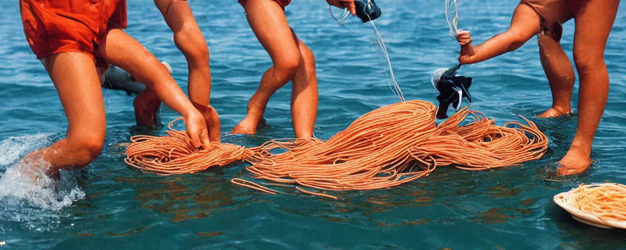 Image similar to dolphins receiving spaghetti from humans from a boat, ocean,, small details, intricate, sharply focused, canon 5 0 mm, wes anderson film, kodachrome