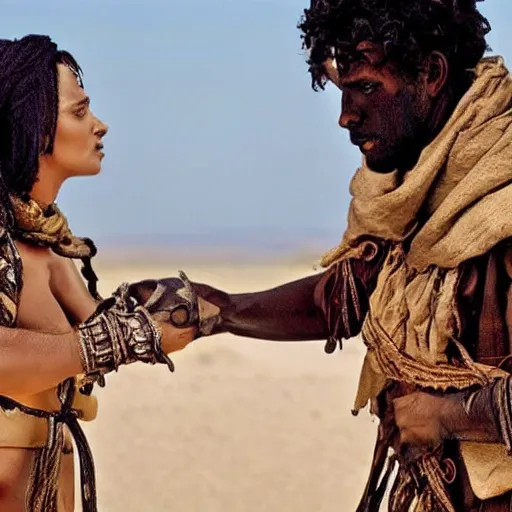 Image similar to a sand wraith kissing a handsome tuareg. Amazing detailed movie still