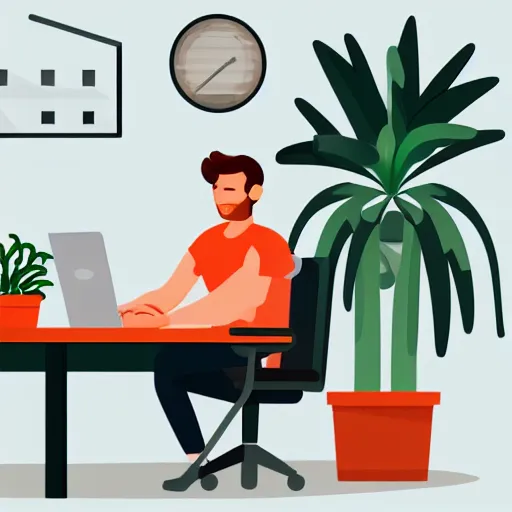 Image similar to A man is sitting at the table with laptop on an office chair, face towards camera. Office interior with lots of plants behind him. Vector illustration, hard edges, calm color palette.
