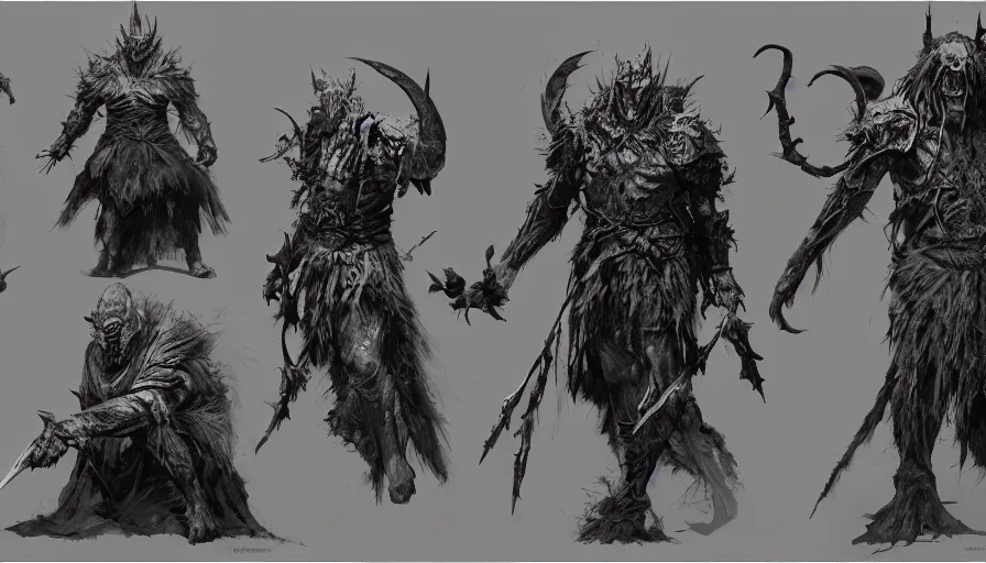 Image similar to feral chieftain charector concept sheet, beksinski, ruan jia, the hobbit orc concept, dark soul concept