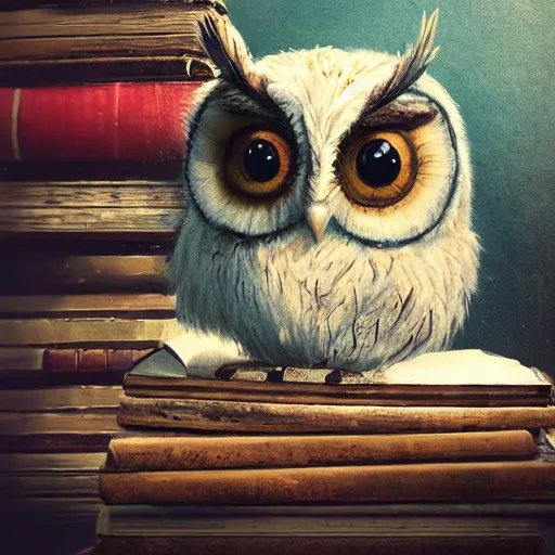 Image similar to long shot of a very cute plushy tired owl sitting on a pile of antique books, by esao andrews, by james jean, humorous illustration, hyperrealistic, big depth of field, fresh colors, dim light, 3 d octane render conceptart, 4 k, hyperdetailed, trending on artstation