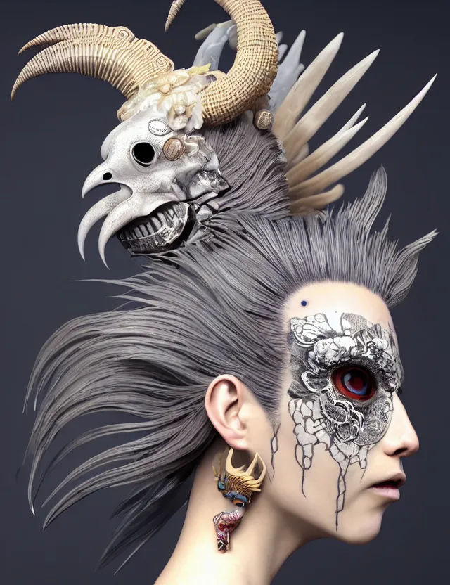 Image similar to 3 d goddess close - up profile simple portrait punk with mohawk with ram skull. beautiful intricately detailed japanese crow kitsune mask and clasical japanese kimono. betta fish, jellyfish phoenix, bio luminescent, plasma, ice, water, wind, creature, artwork by tooth wu and wlop and beeple and greg rutkowski