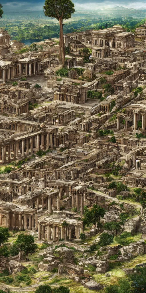 Image similar to sprawling roman city built at the base of a collosal tree, wide shot, digital art, detailed, fantasy