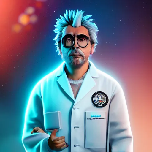 Image similar to portrait art of rick sanchez, lab coat, unibrow, 8 k, lens flare, atmosphere, glow, detailed, intricate, full of colour, cinematic lighting, trending on artstation, 4 k, hyperrealistic, focused, extreme details, unreal engine 5, cinematic, masterpiece