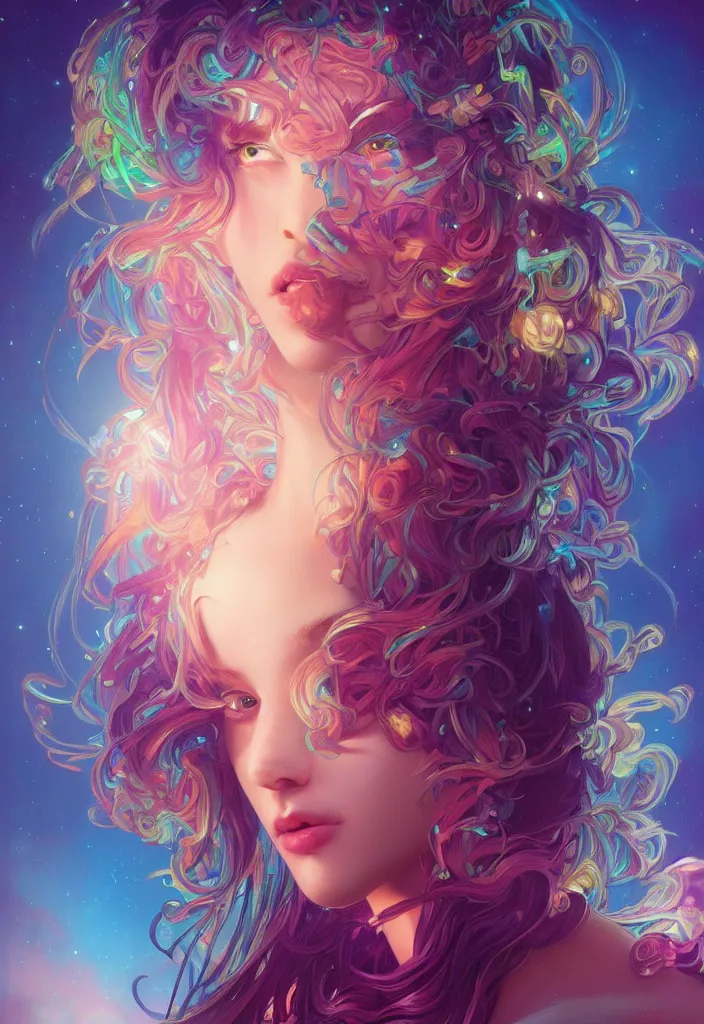 Image similar to beautiful, young woman, magical, detailed gorgeous face, vaporwave aesthetic, synthwave, colorful, psychedelic, artstation, concept art, smooth, extremely sharp detail, finely tuned detail, ultra high definition, 8 k, unreal engine 5, ultra sharp focus, illustration, art by artgerm, greg rutkowski and alphonse mucha