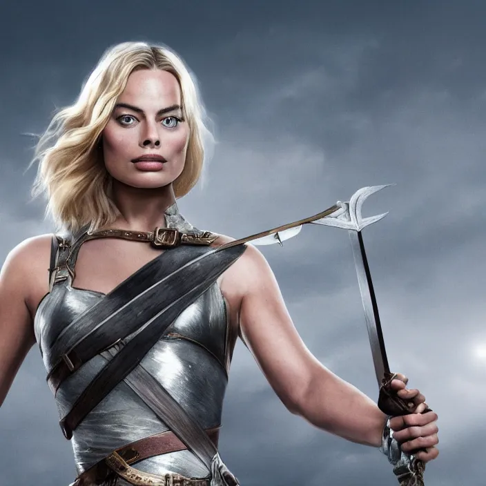 Image similar to margot robbie, holding broadsword. very coherent symmetrical artwork. cinematic, high detail, octane render, 8 k