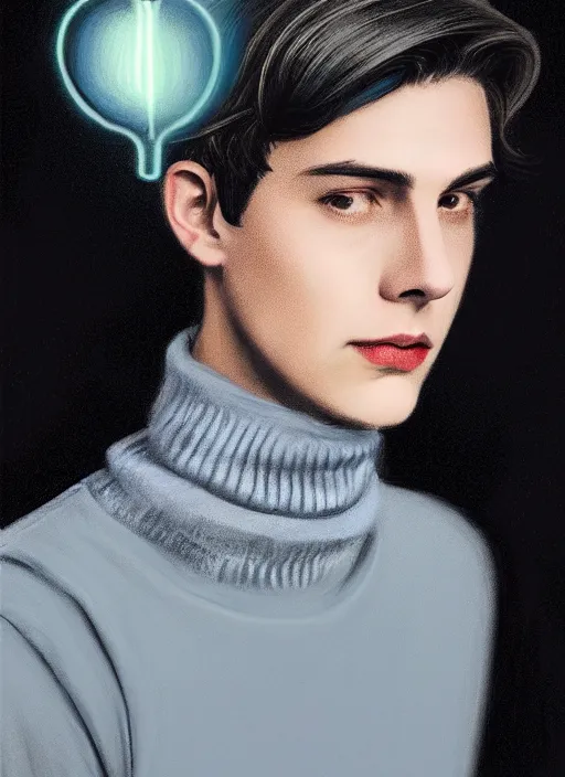 Image similar to portrait of teenage jughead jones wearing a light grey crown, crown, blue turtleneck, 1 9 5 0 s, closed eyes, photorealistic, black hair, glowing lighting, intricate, elegant, glowing lights, highly detailed, digital painting, artstation, concept art, smooth, sharp focus, illustration, art by wlop, mars ravelo and greg rutkowski