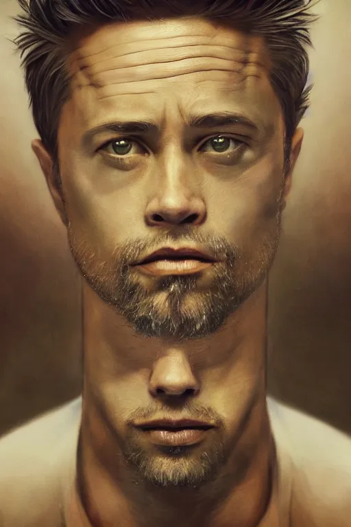 Prompt: cinematic portrait of Tyler Durden. Centered, uncut, unzoom, symmetry. character illustration. Surreal render, ultra realistic, zenith view. Polished. Inspired by patricio clarey, heidi taillefer scifi painter glenn brown. Extremely ornated. artstation, cgsociety, unreal engine, ray tracing, detailed illustration, hd, 4k, digital art, overdetailed art. Dslr, tiltshift, dof. 64megapixel. complementing colors. Trending on artstation, deviantart,