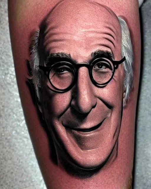 Image similar to a really bad tattoo of larry david, realism tattoo