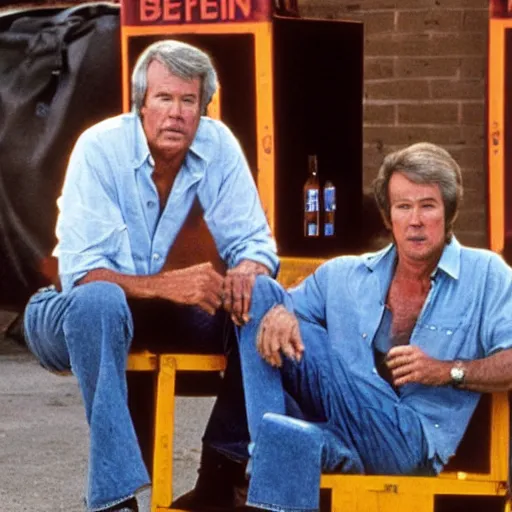 Prompt: kevin tighe with randy mantooth, with bruises on their faces, sitting by a dumpster drinking beer, empty bottles lie everywhere