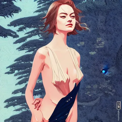 Image similar to fashion model emma stone ,digital art by Hokusai by greg rutkowski by wlop high detail comic sharp vector lineart dramtic lighting artstation by trevor henderson by rossd raws cinematic dramatic