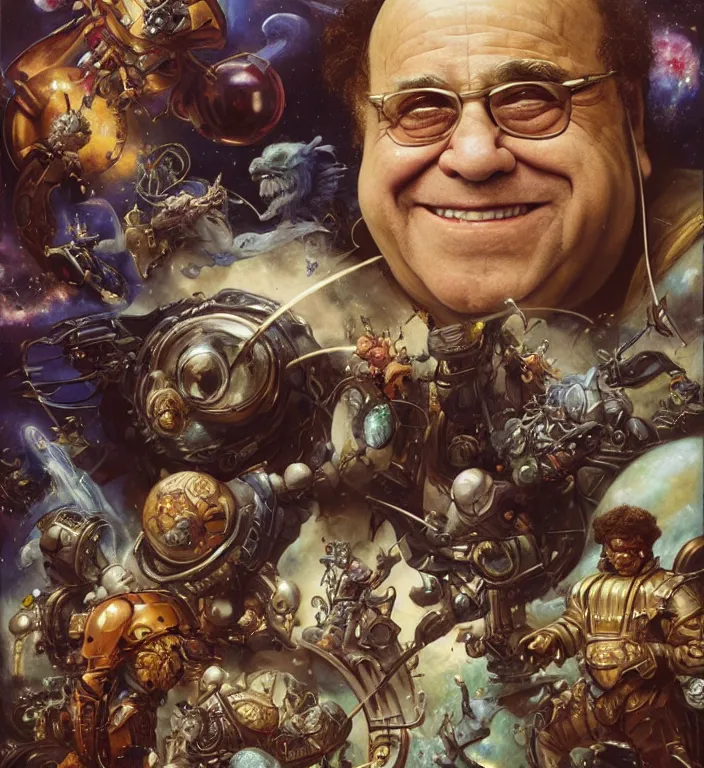 Image similar to a portrait photograph of danny devito as an intergalactic conqueror. by tom bagshaw, donato giancola, hans holbein, walton ford, gaston bussiere, peter mohrbacher and brian froud. 8 k, cgsociety