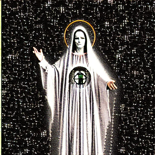 Image similar to vhs static overlay of marian apparition, vhs, 1 9 9 0, highly realistic, highly detailed, vhs noise static, black and white, vhs glitch