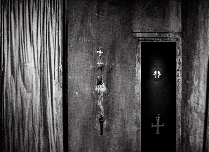 Prompt: Photo inside of a dark confessional booth. On the other side there is a shadowy figure with glowing eyes instead of a priest. Cinematic horror movie still