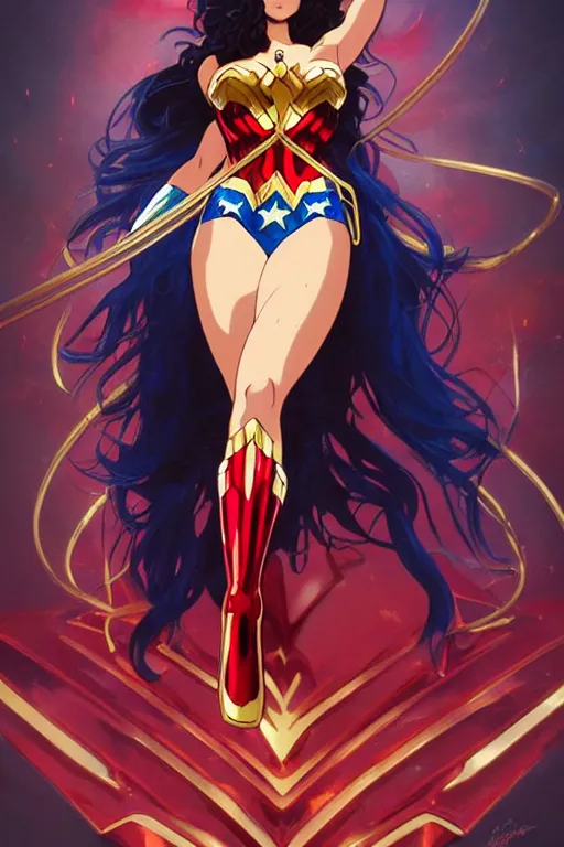 Prompt: anime key visual of a beautiful female wonder woman! intricate, red, blue gold suit, powers, speed, lasso, goddess, dc comics, cinematic, stunning, highly detailed, digital painting, artstation, smooth, hard focus, illustration, art by artgerm and greg rutkowski and alphonse mucha