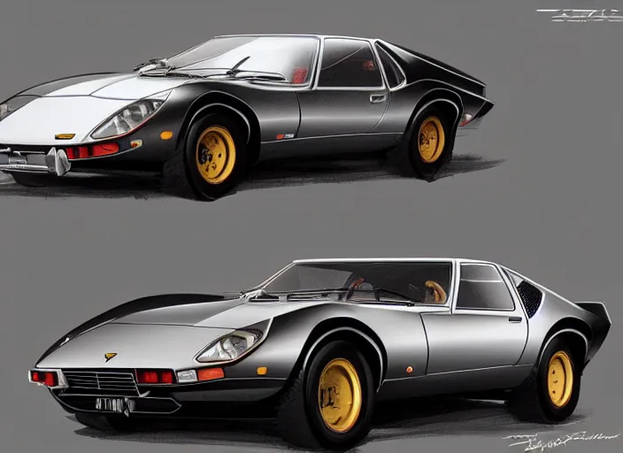 Prompt: a blending, amalgamation and detailed combination of a lamborghini countach, datsun 2 6 0 z and a jaguar e - type, concept art, round headlights, long engine bay, 8 k, highly detailed, trending on art station, dramatic lighting