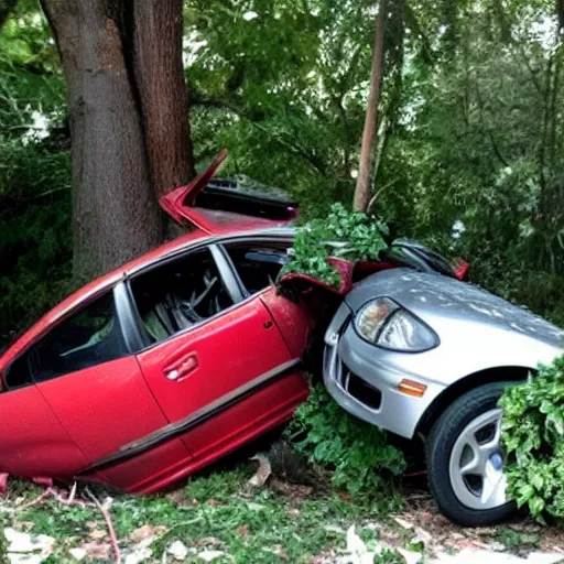 Image similar to The car from outrun gane crashed into a tree