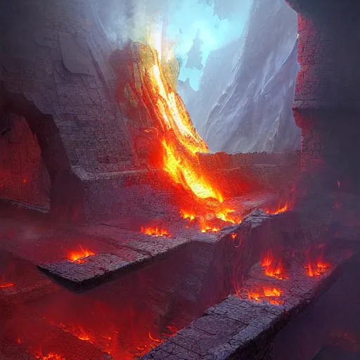 Prompt: the ground opening up to reveal flames in a chasm by Marc Simonetti