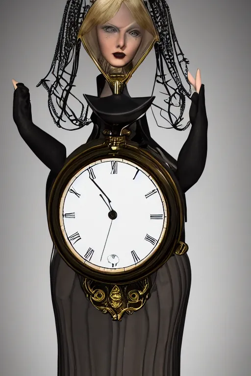 Prompt: a timekeeper with a pocket watch face. silk hat, full body, gothic, intricate, ornate, ultra realistic, unreal engine