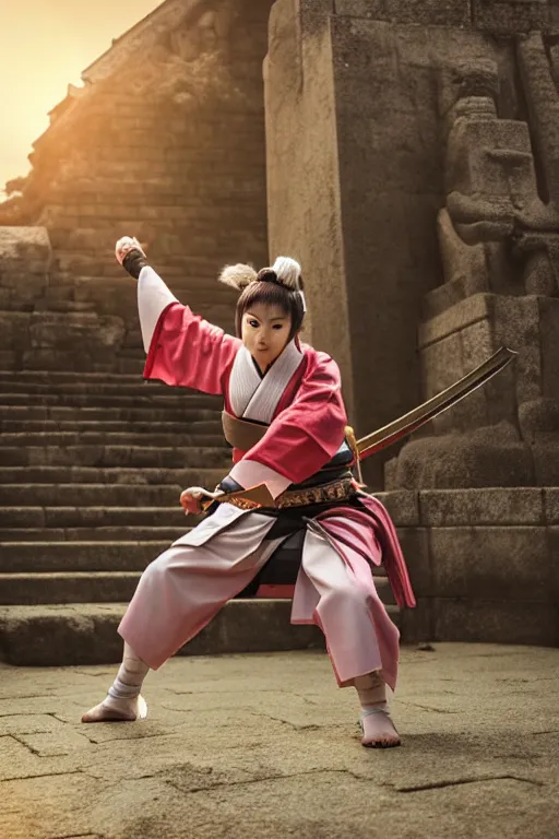 Image similar to highly detailed beautiful photo of a young female samurai, practising sword stances in a ancient temple, symmetrical face, beautiful eyes, realistic anime art style, 8 k, award winning photo, pastels colours, action photography, 1 / 1 2 5 shutter speed, sunrise lighting
