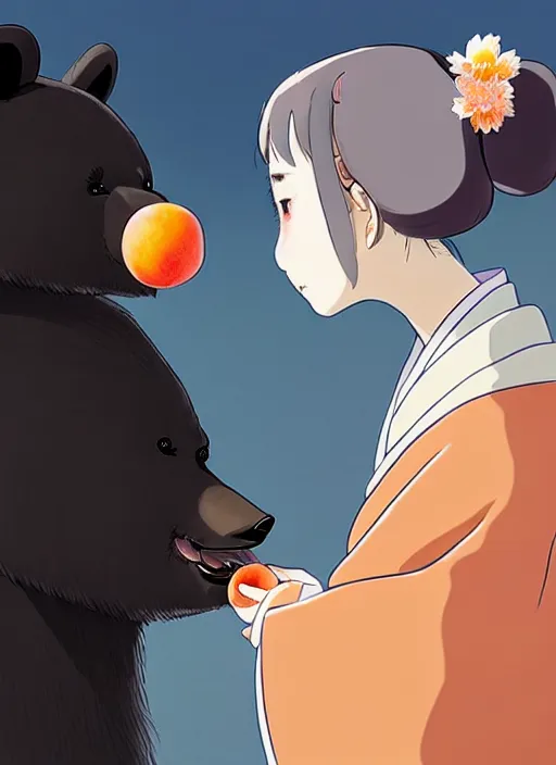 Image similar to a girl wearing a kimono gives a peach to a large anthropomorphic asian black bear, featured in artstation and artgerm and fantia and pixiv, award winning, cinematic, elegant, intricate, 8 k, in the style of hayao miyazaki and masashi ando and timothy kong and laia lopez and viorie,