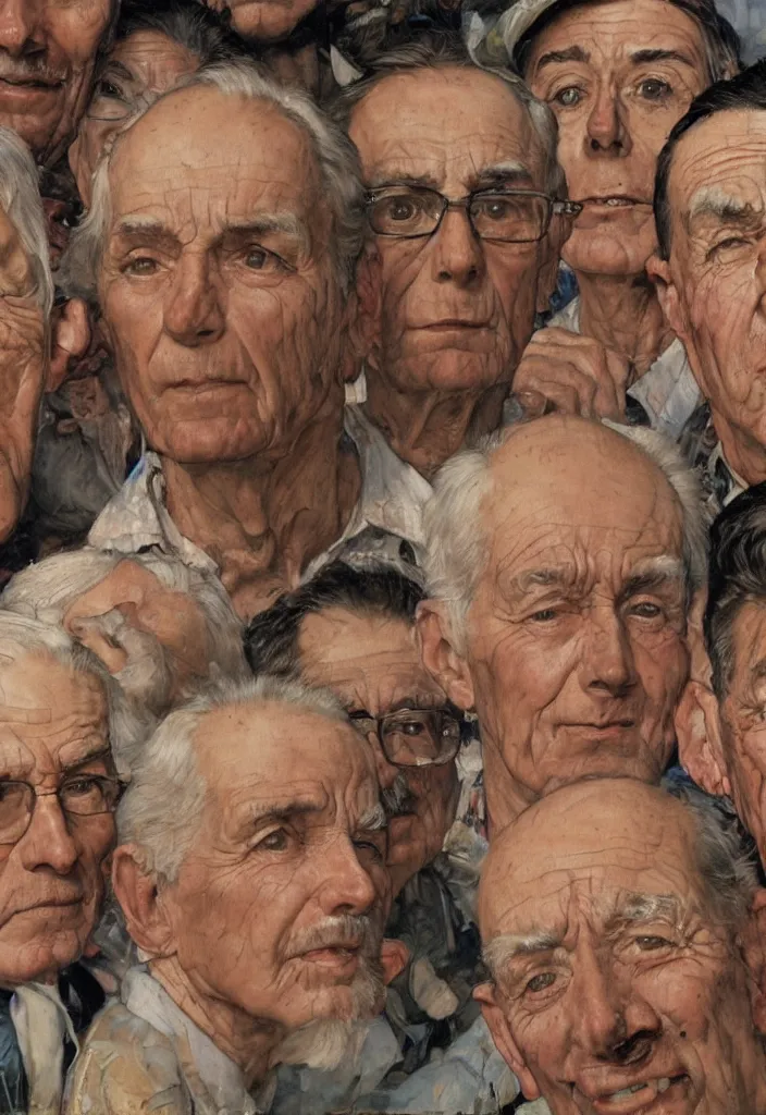 Image similar to small group of people, men and women, close - up of the faces, anatomically and proportionally correct : : oil painting by james jean, norman rockwell, milo manara and james gurney, intricate and detailed, photorealism, cgsociety