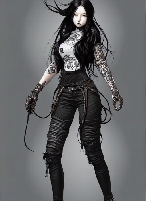 Prompt: full body portrait of long black hair girl within a streetwear. porcelain warforged, cynical face, concept art, character illustrations, intricate, highly detailed 8 k, smooth, matte, sharp focus, rim light, beautiful and aesthetic shape of face and body, artgerm, artstation, art by junpei suzuki