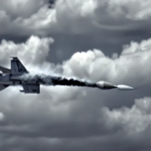 Prompt: fighter jet from the 5 0 s beautiful clouds in the background, grainy footage, black and white - n 9