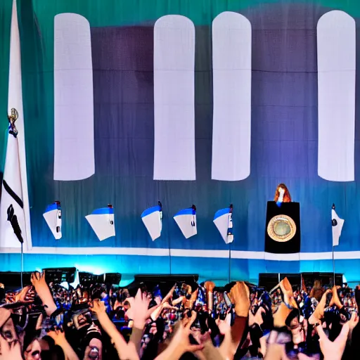 Image similar to Lady Gaga president of Argentina, Argentina flag behind, bokeh, detailed, hd, waving hands