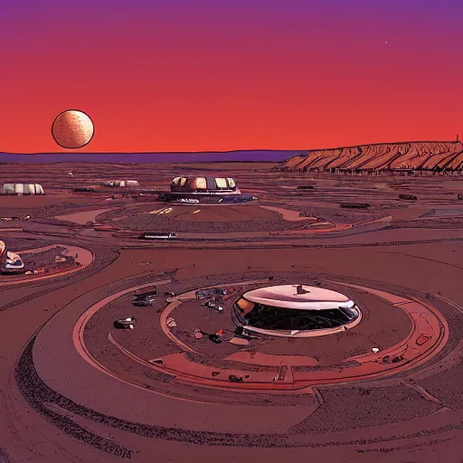 Image similar to busy spaceport in the desert, moebius, Jean Giraud, landscape, epic, artstation, dusk