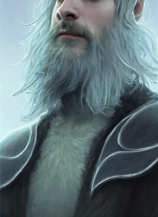 Prompt: Portrait of hexblade warlock aasimar, white glowing eyes, silver shaggy hair, short scruffy beard, cloak, teal ethereal tendril wings, male, fantasy, extremely detailed, digital painting, artstation, concept art, smooth, sharp focus, illustration, stunning lighting, art by artgerm and greg rutkowski and alphonse mucha and simon stalenhag, realistic character concept, high fantasy, light atmosphere, golden ratio, cinematic lighting, hyperdetailed, high resolution, insanely detailed and intricate, artstation, Marc Simonetti, Greg Rutkowski, 8k, 4k