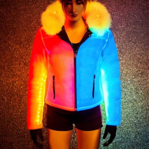 Image similar to autumn season rave jacket with led skin and fluffy lining in the style of cyberdog, product shot, dark background, neon lighting